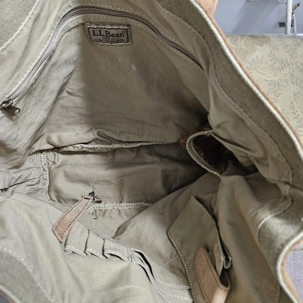 L.L. Bean Vintage Tan Beige Leather  Canvas Travel Tote Bag Classic Preppy Purse - Picture 9 of 13